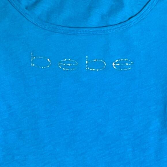 BEBE RARE Y2K FLUTTER COLD SHOULDER RHINESTONE LOGO T-SHIRT BLUE - S - Picture 7 of 8
